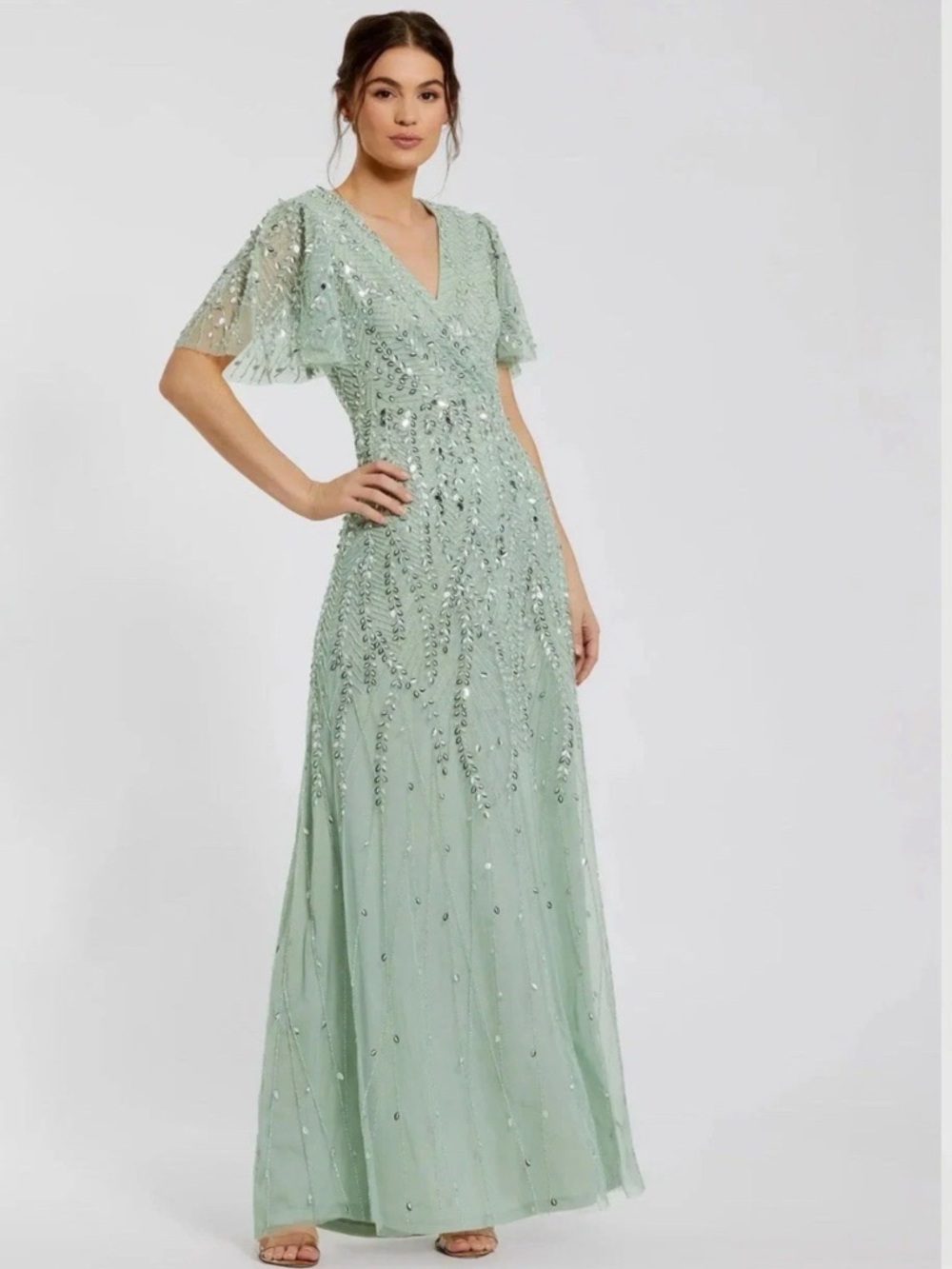 Mac Duggal Green/ Sage Beaded Wrap Over Butterfly Sleeve Column Gown Size 4